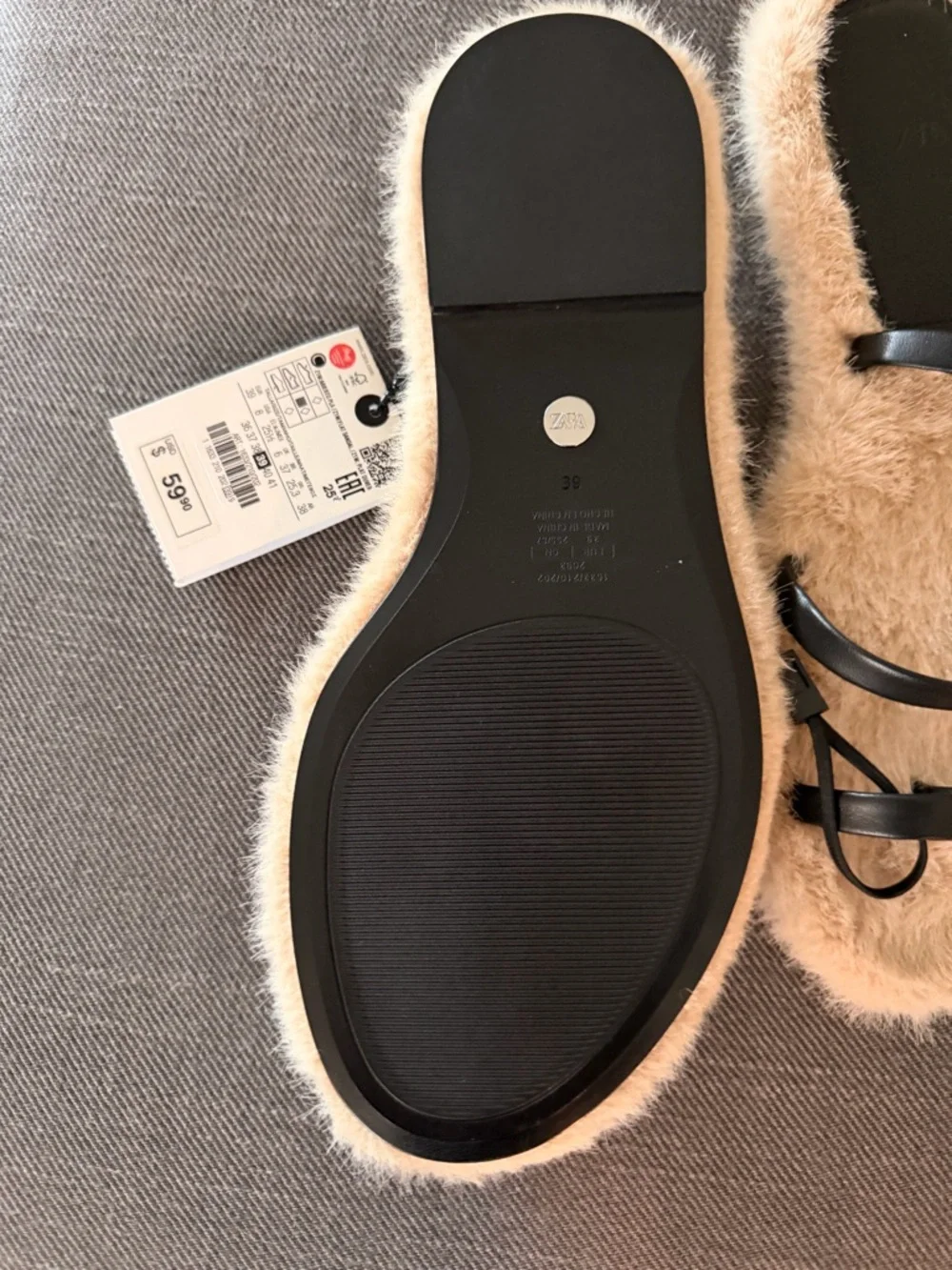 Zara Black Strappy Sandals with Cream Shearling Footbed size 39 - Picture 7 of 8